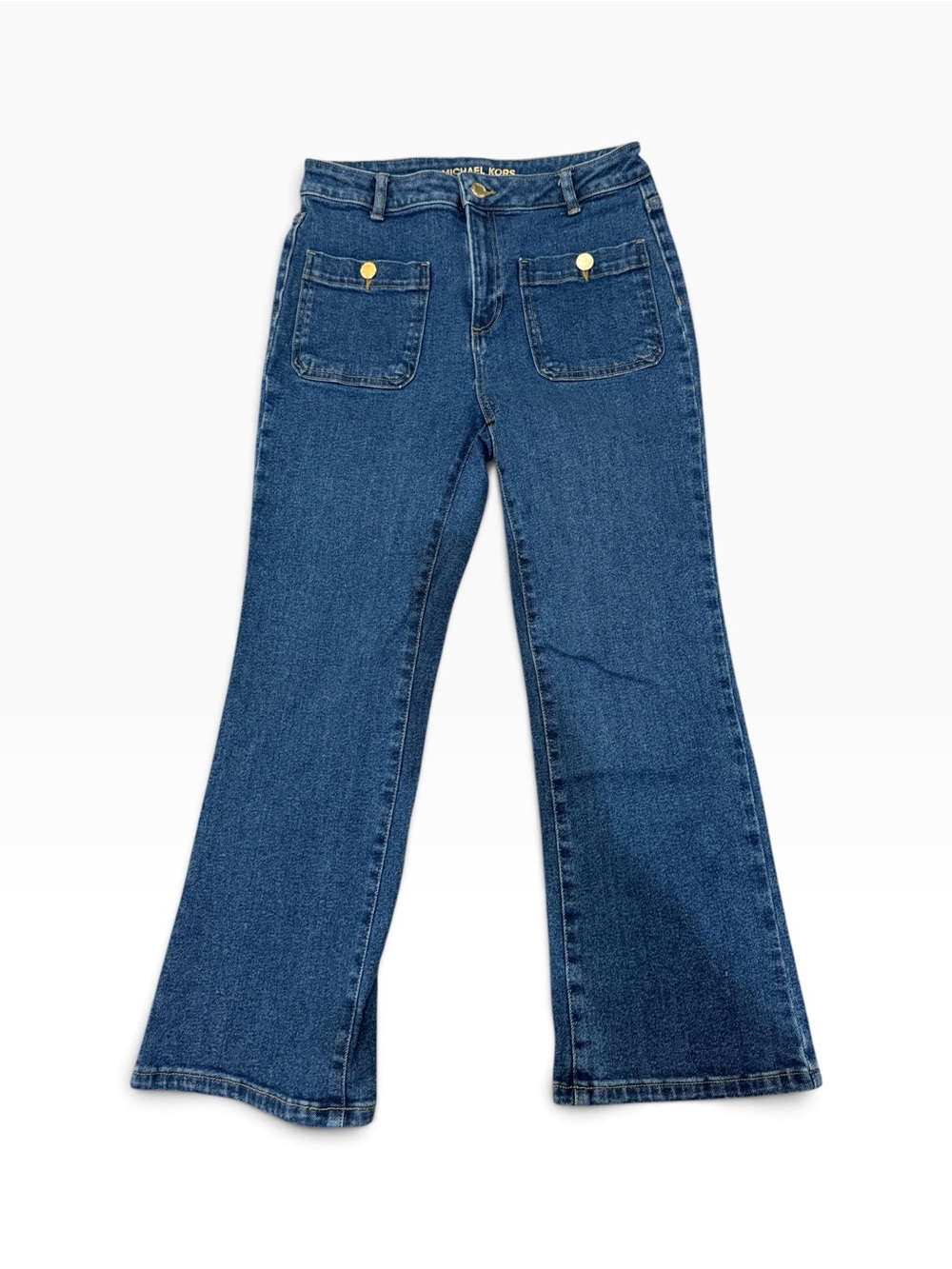 Michael Kors Selma High Rise Flare Jeans Size 4 Blue Gold Buttons